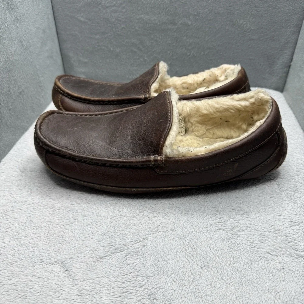 UGG Ascot Brown Leather Comfort Indoor Moccasin Loafers Slipper Men's Size 10